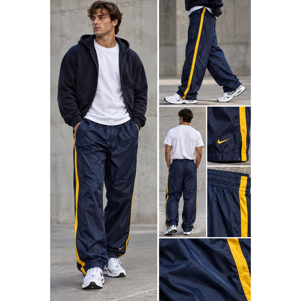 90s Y2K Nike Track Pants Large Navy Blue Yellow Stripe Lined Windbreaker #1623